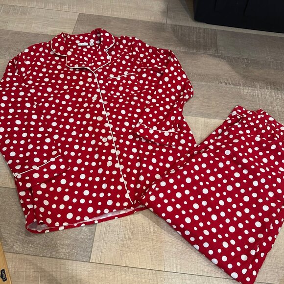 KIM ROGERS WOMENS RED FLANNEL PAJAMA SET WHITE POLKA DOT LARGE - Picture 1 of 9